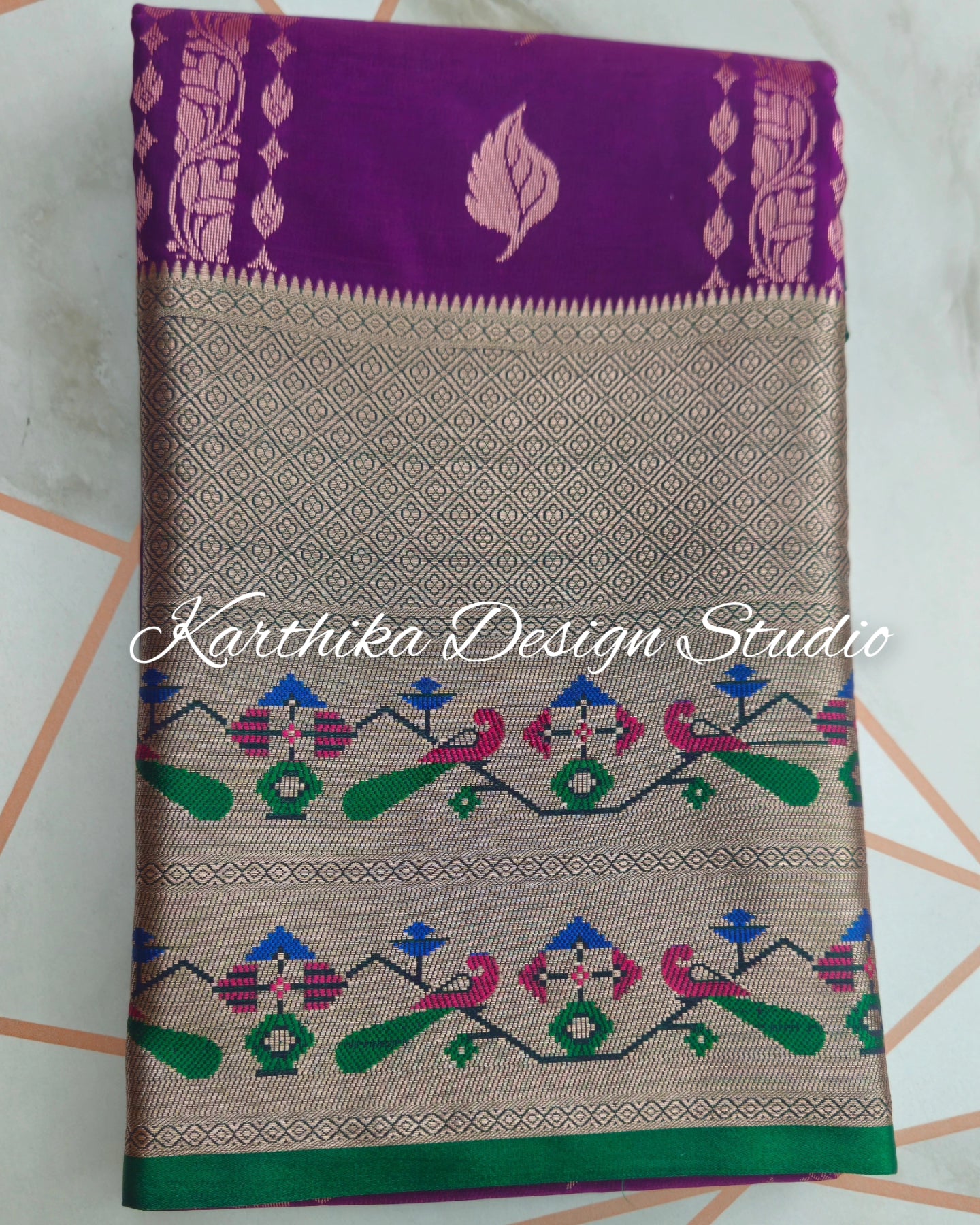 Bright voilet and green silk saree