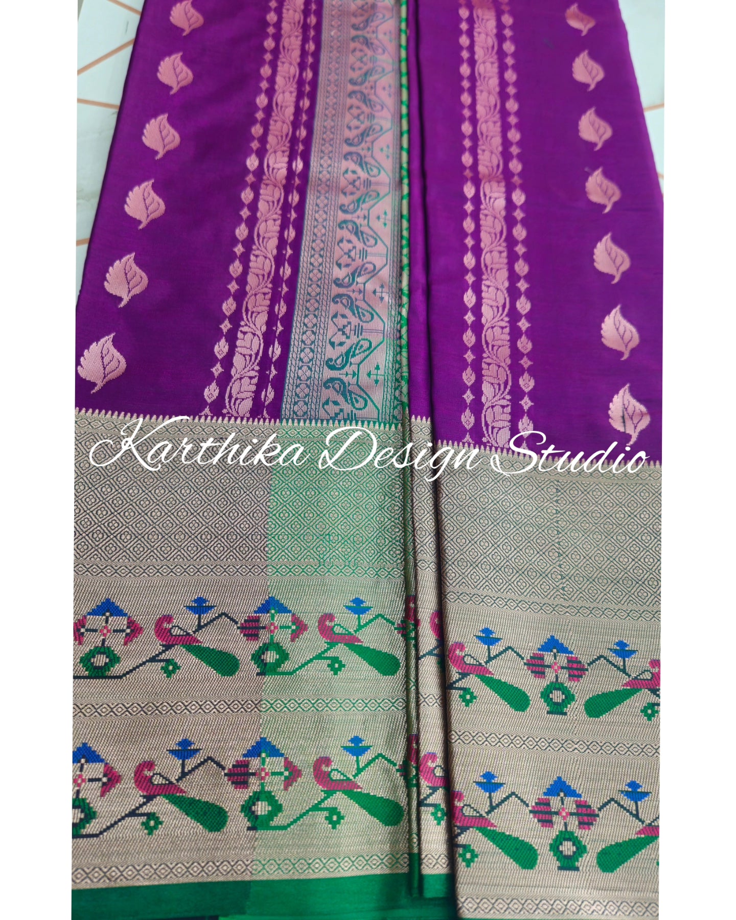 Bright voilet and green silk saree