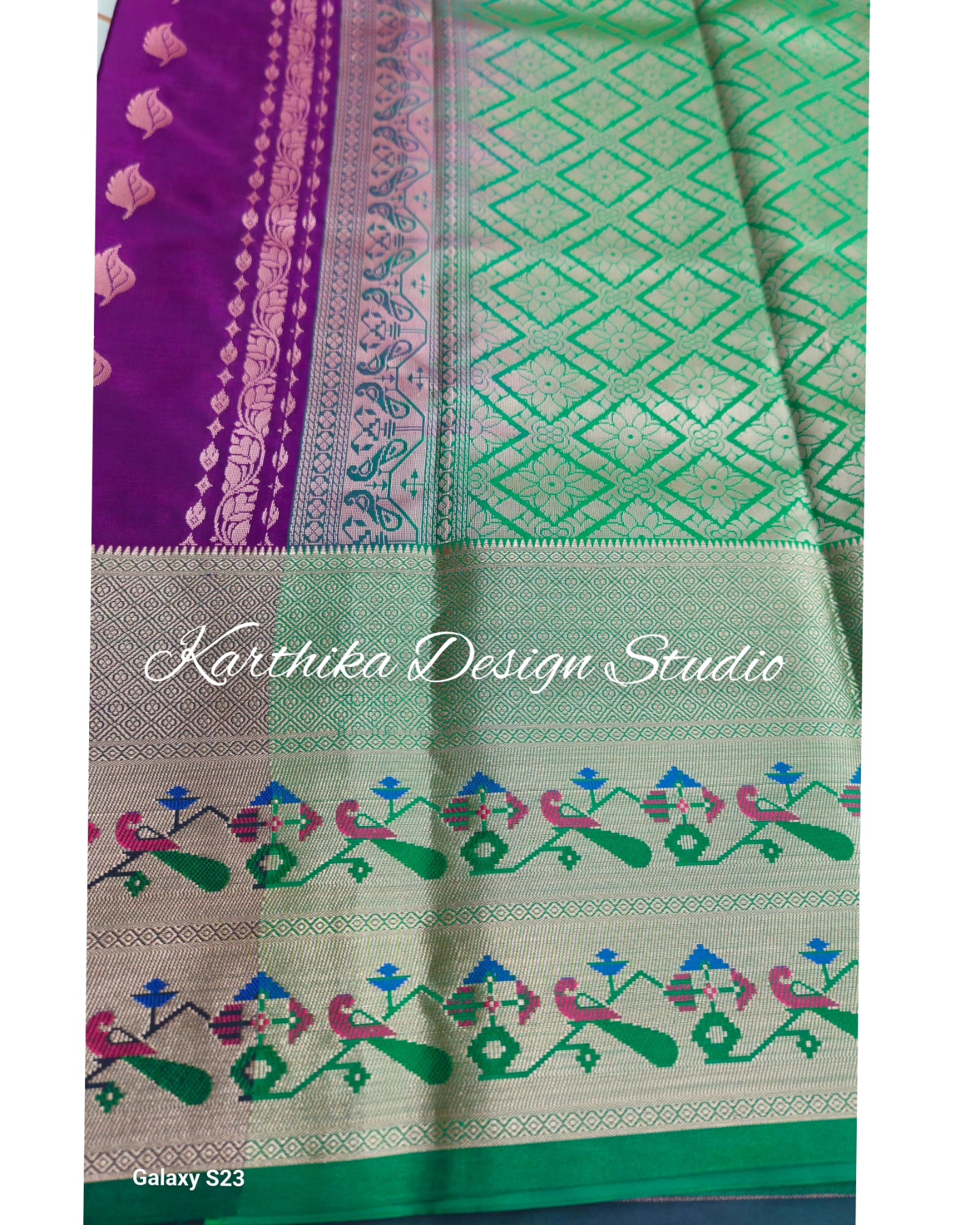 Bright voilet and green silk saree