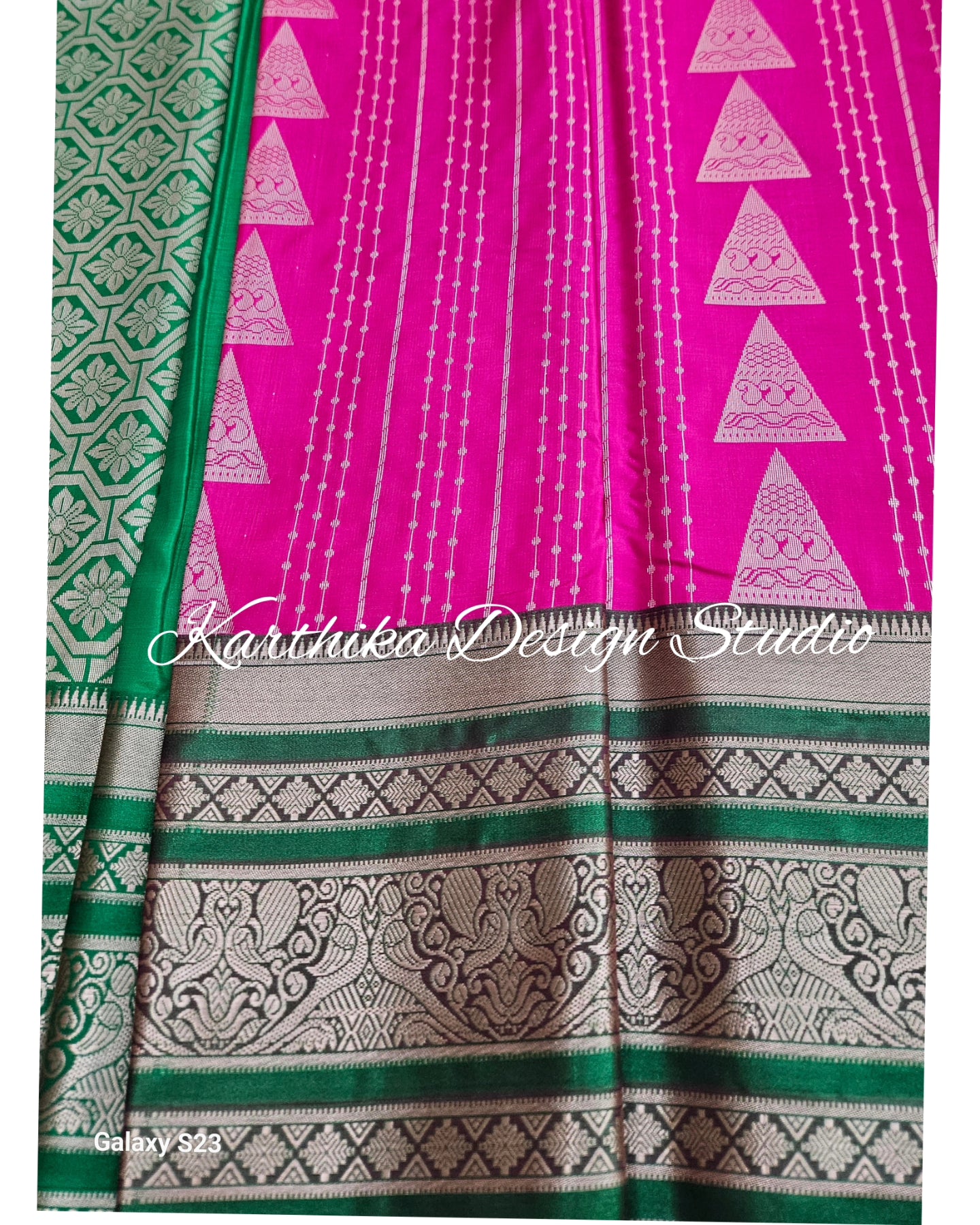 Bright pink and green silk saree