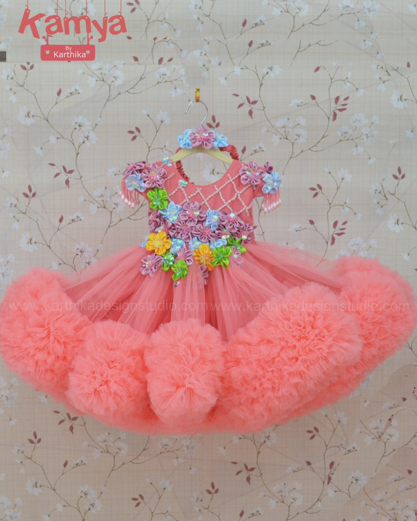 Net frock with Multicolour 3D flowers