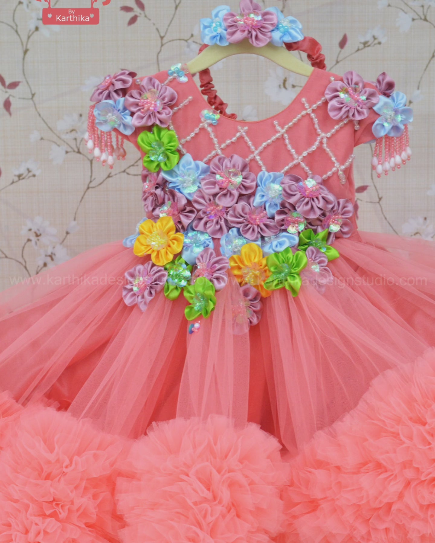 Net frock with Multicolour 3D flowers