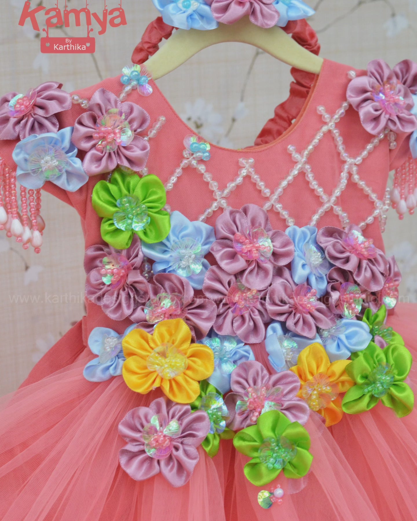 Net frock with Multicolour 3D flowers