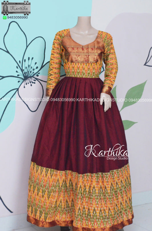 Multicolor Ikkat and Maroon narayanpet cotton long gown..