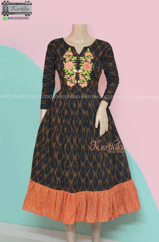 Embroidered Ikkat cotton frock..