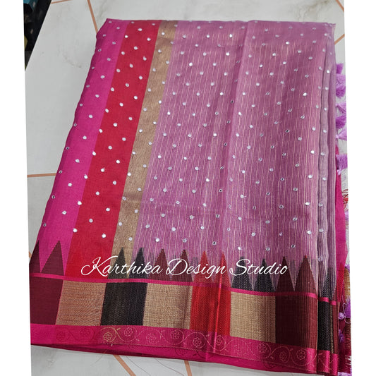 Lavender Kota saree with temple border and mirror work