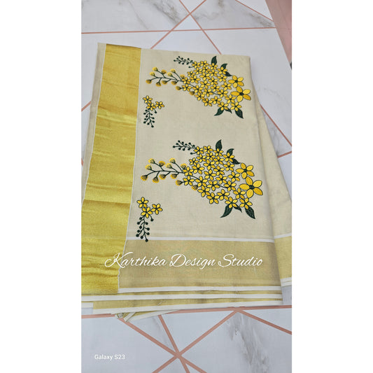 Kasavu saree with embroidery