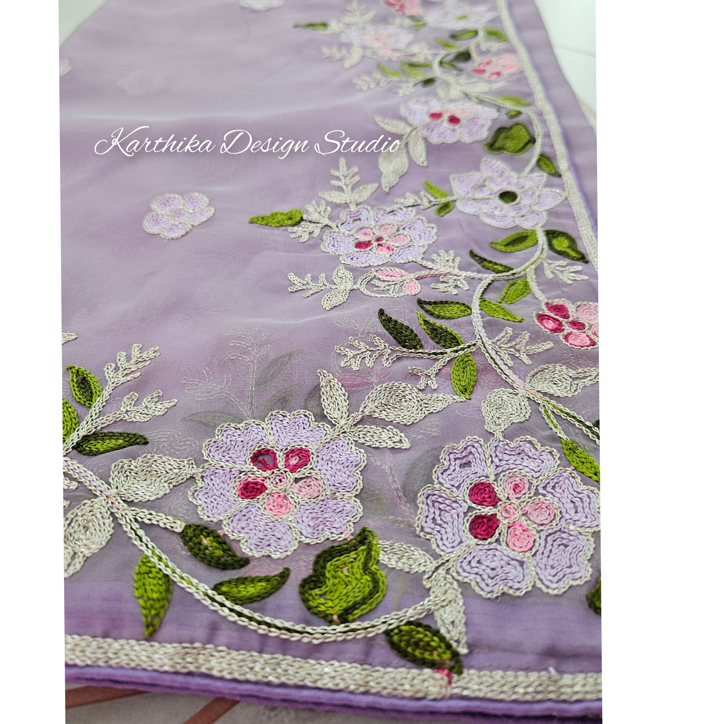 Lavender soft georgette saree with thread embroidery