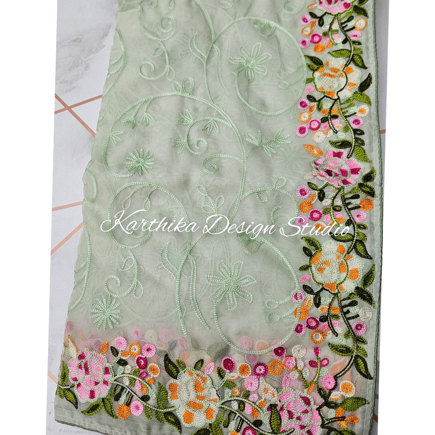 Light sea green soft georgette saree with thread embroidery