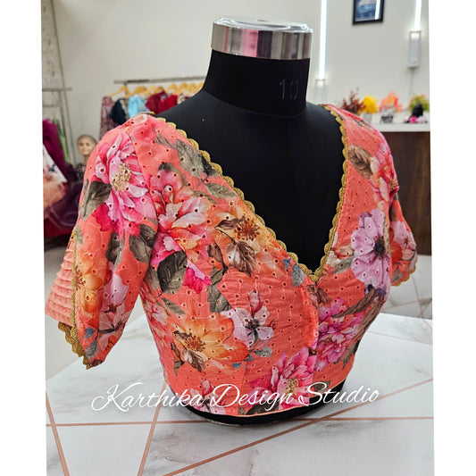 Peach floral Hakoba cotton blouse