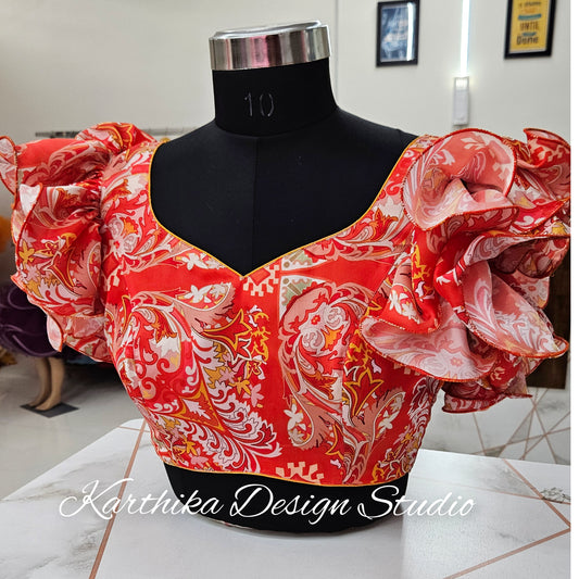 Orange floral satin blouse