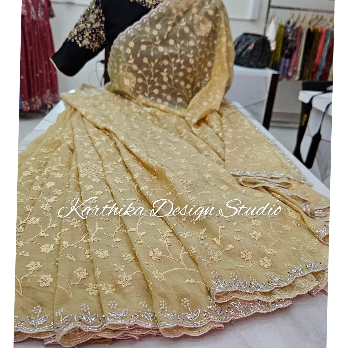 Jimmychoo saree with cutwork border and overall embroidery