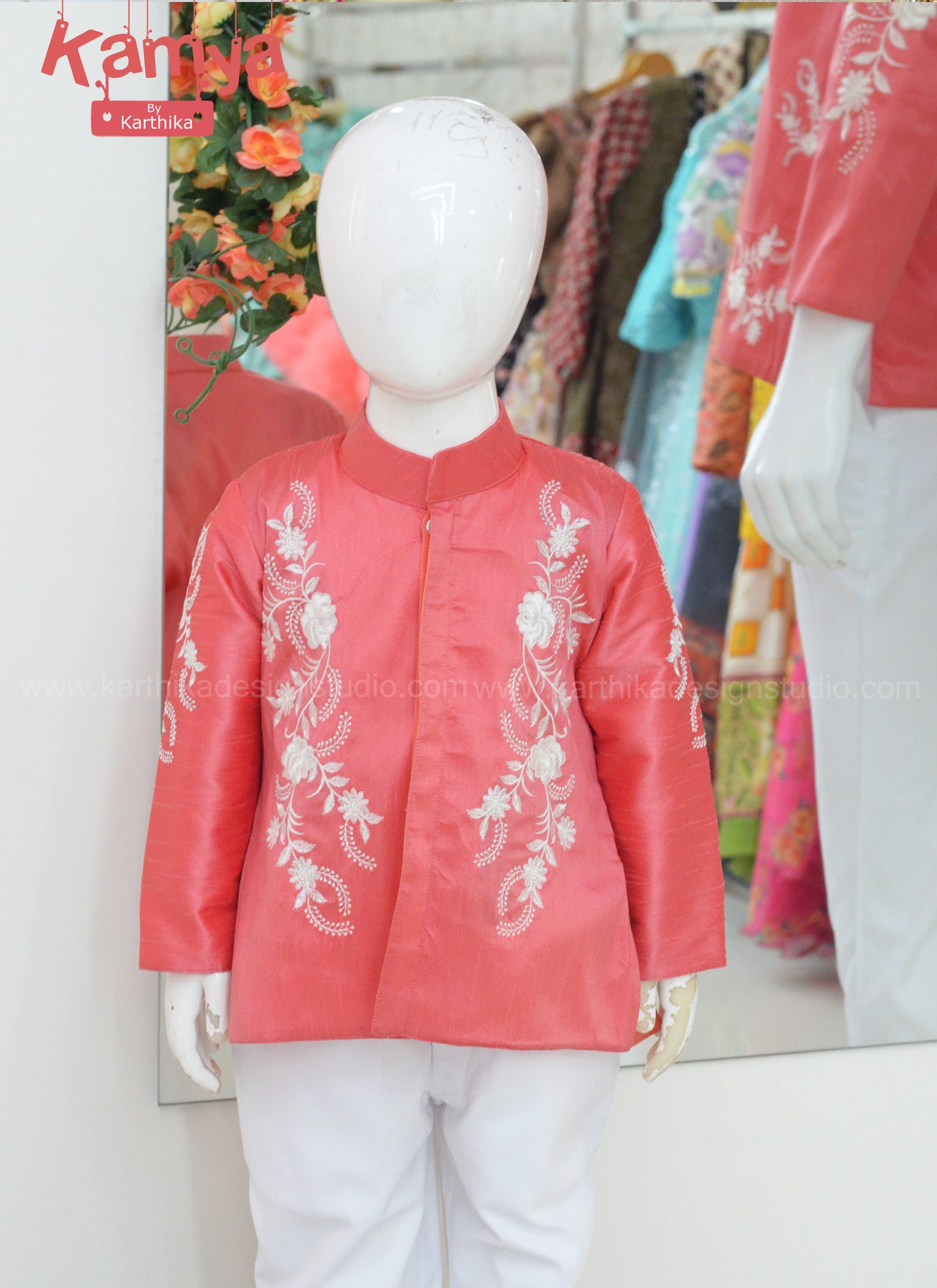 Peach embroidered raw silk shirt and pant combo