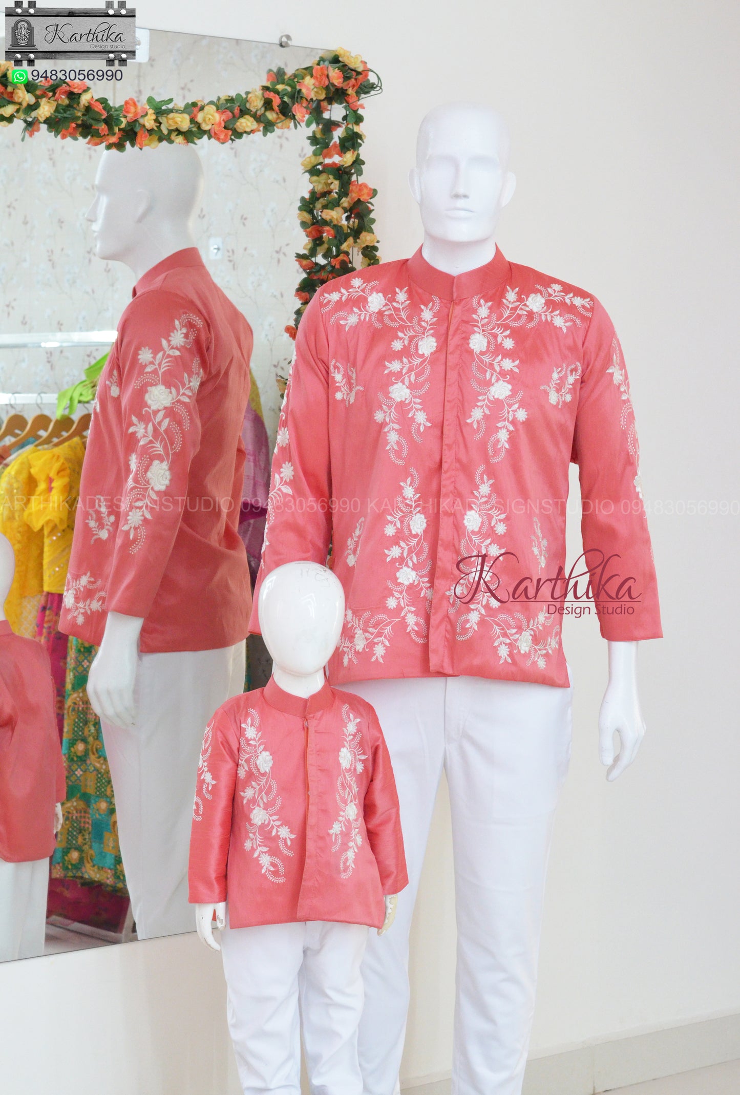 Peach embroidered raw silk shirt and pant combo