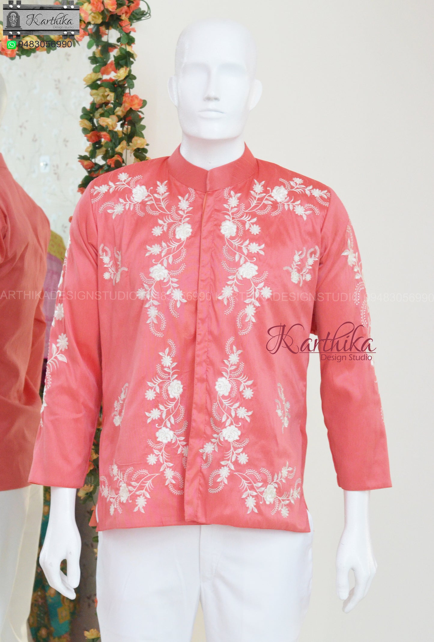 Peach embroidered raw silk shirt and pant combo