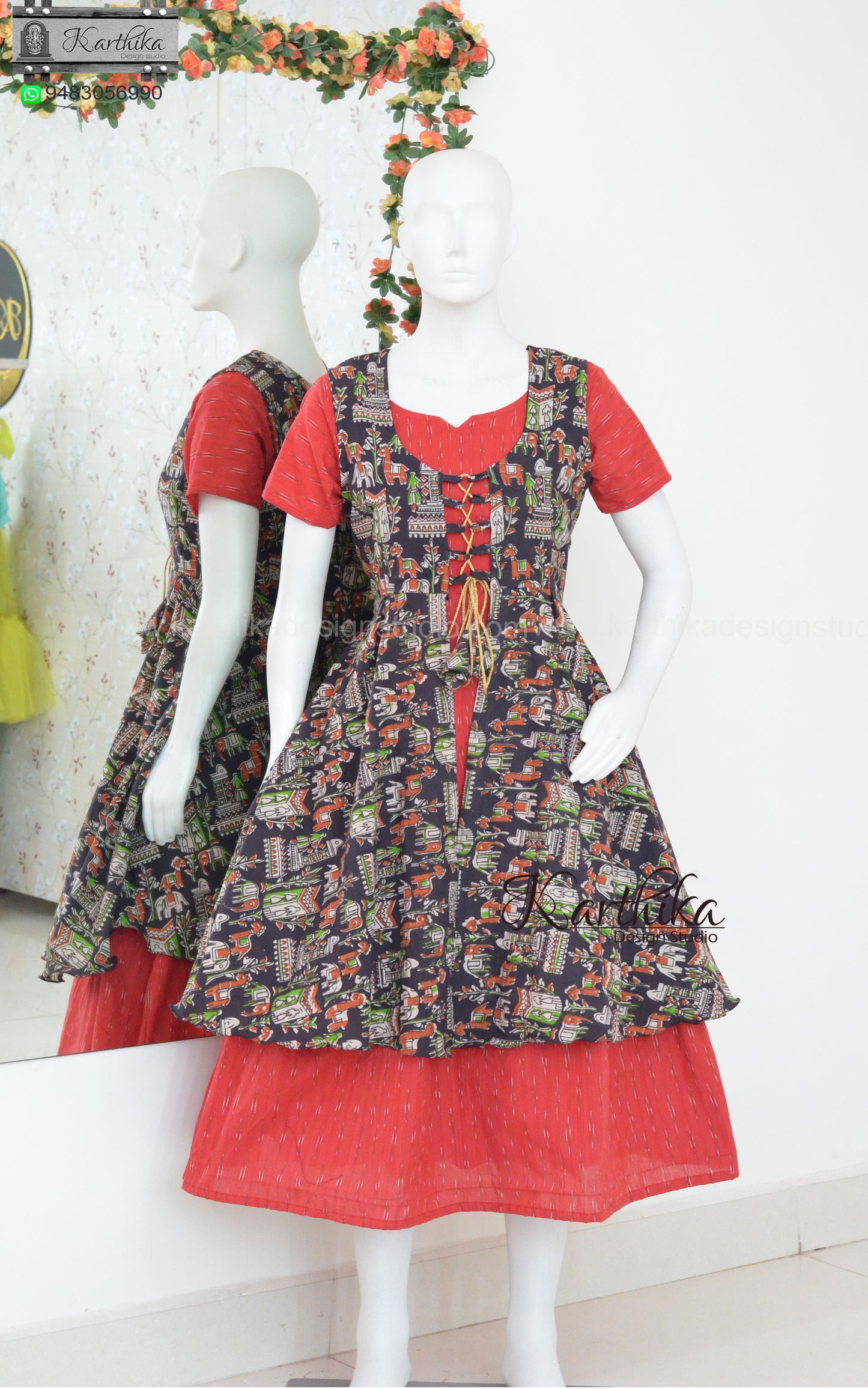 Ikkat cotton kurthi with kalamkari coat