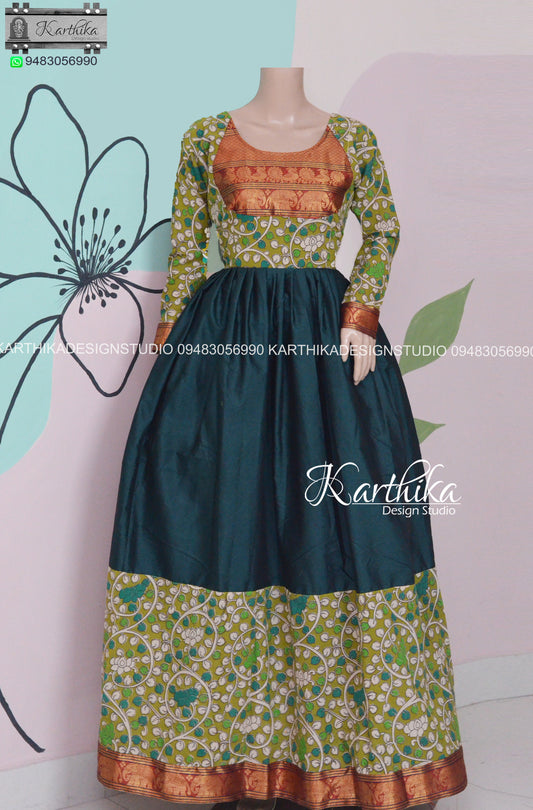 Olive green kalamkari and bottle green narayanpet cotton long gown..