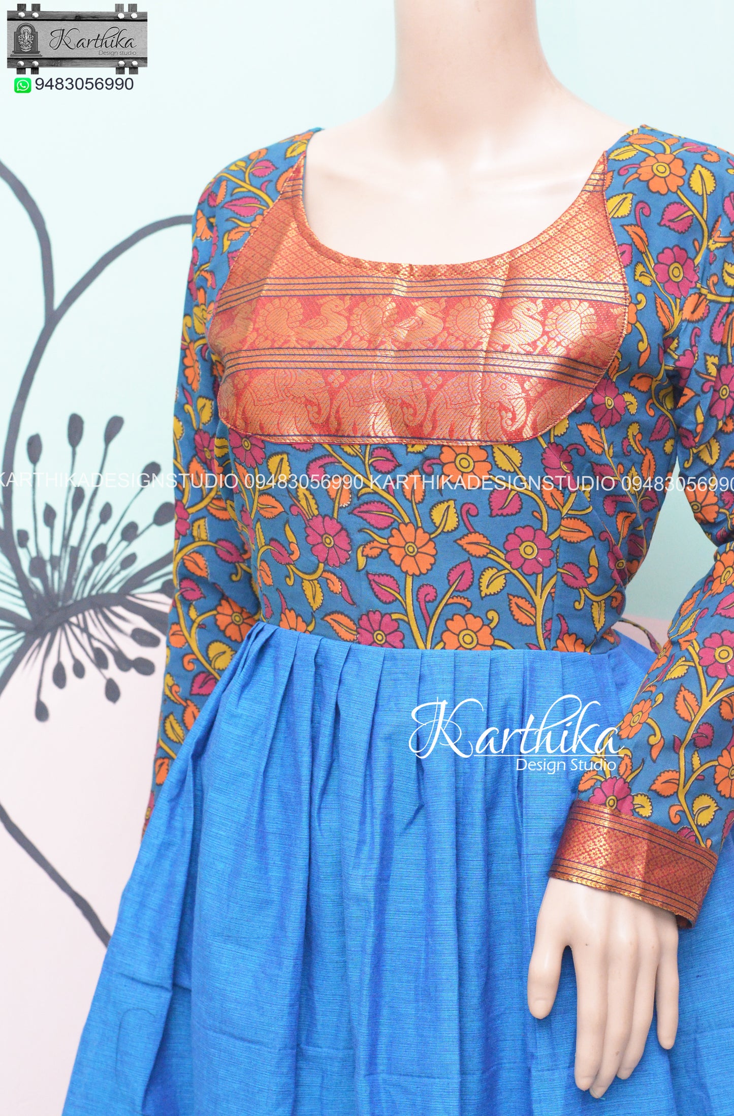 Teal blue kalamkari and blue narayanpet cotton long gown..