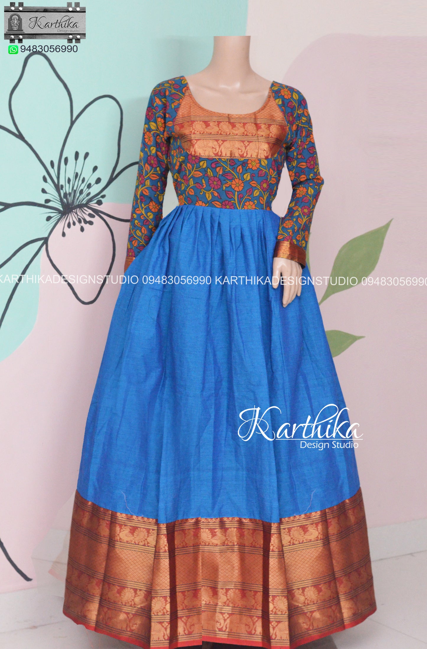 Teal blue kalamkari and blue narayanpet cotton long gown..