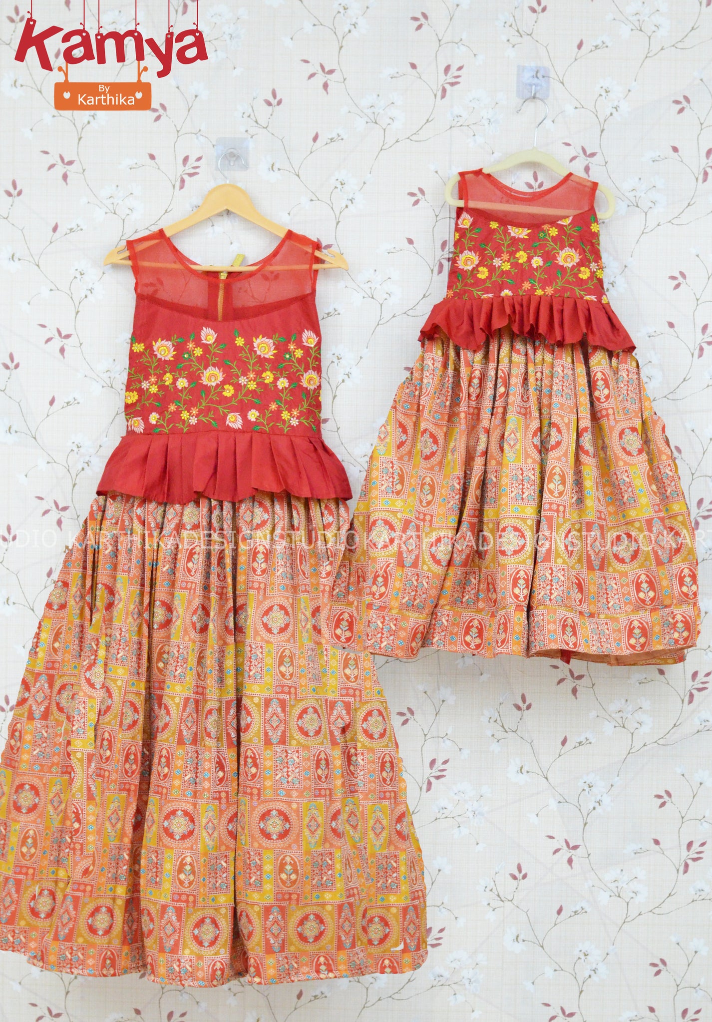 Raw Silk Triangular Key Hole Neck Yolk With Kotta Printed Tissue Bottom Girls Frock - Marron & Beige