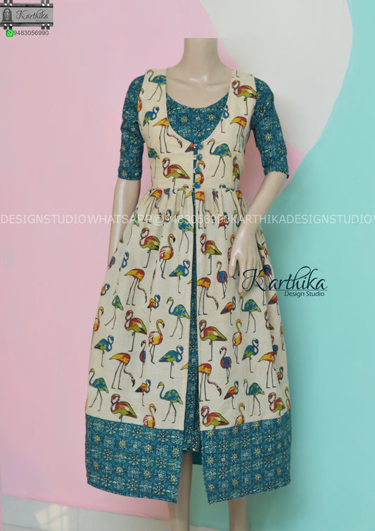 Kantha cotton kurthi with kalamkari coat..