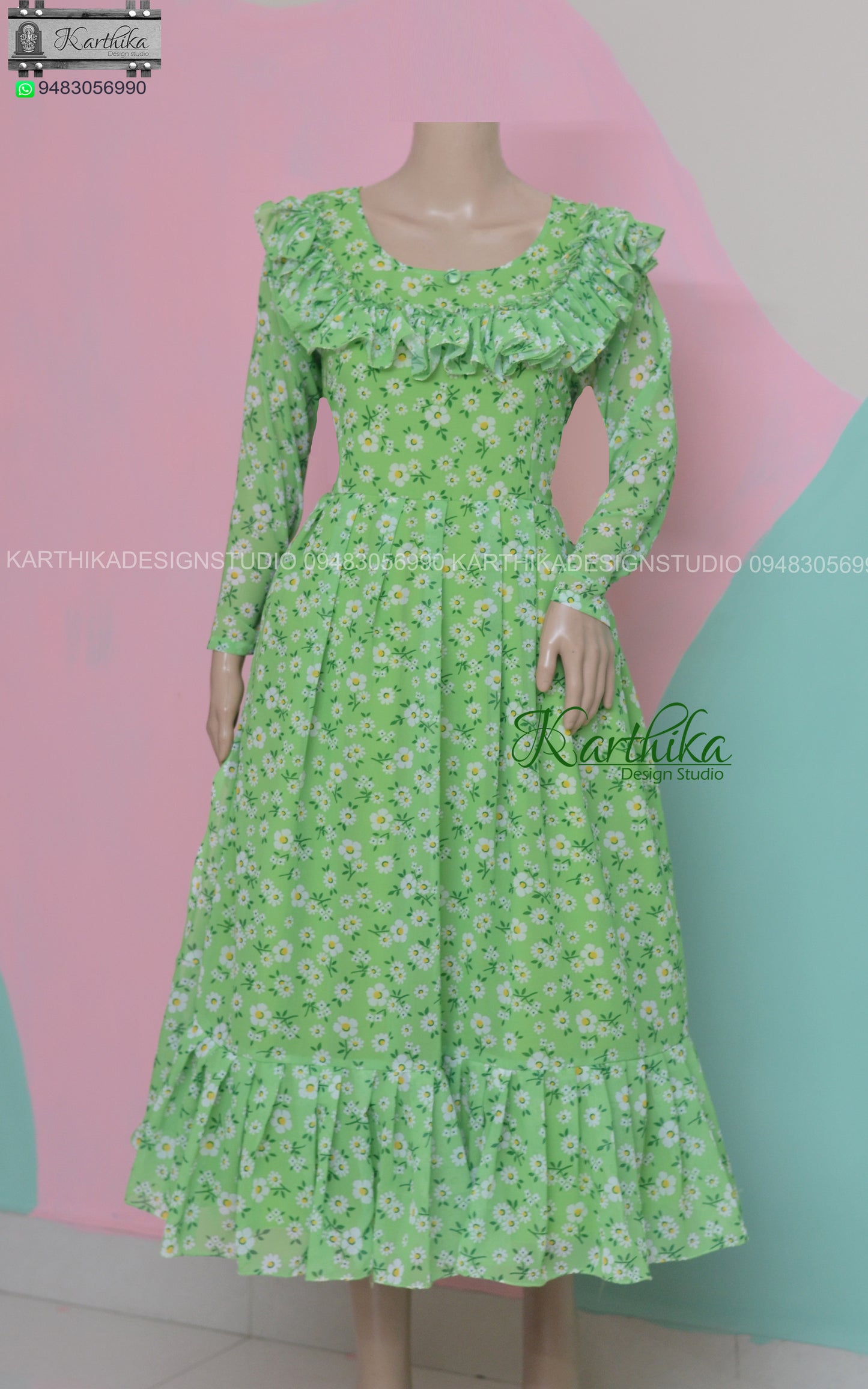 Lime green Floral georgette frock