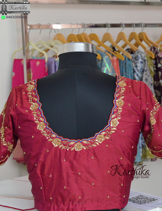 Thread, zardosi and beads work on silk Blouse