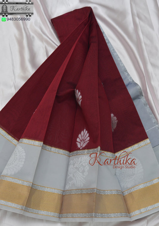 Kuppadam cotton saree with zari border-Maroon