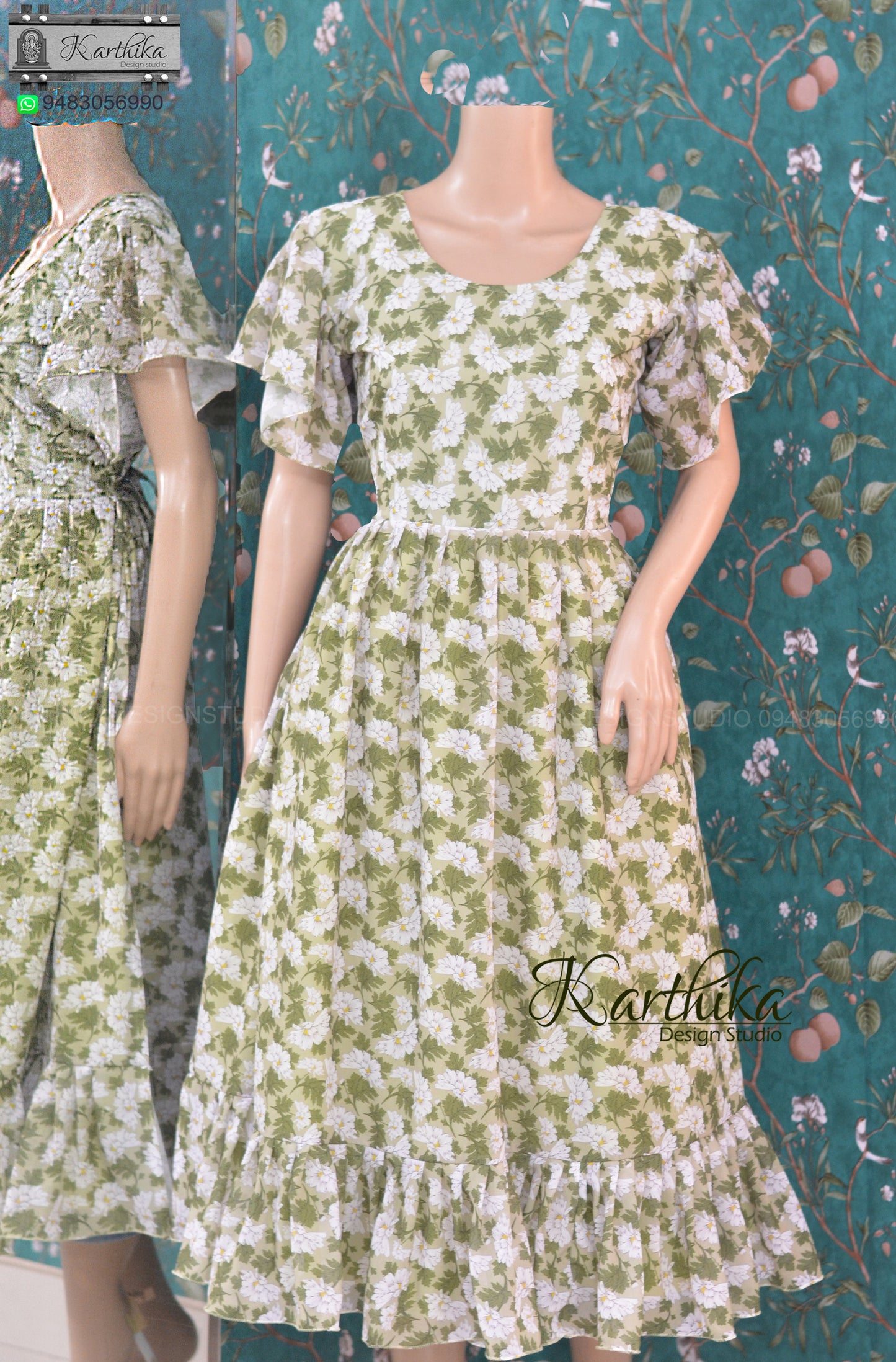 Olive green floral georgette frock