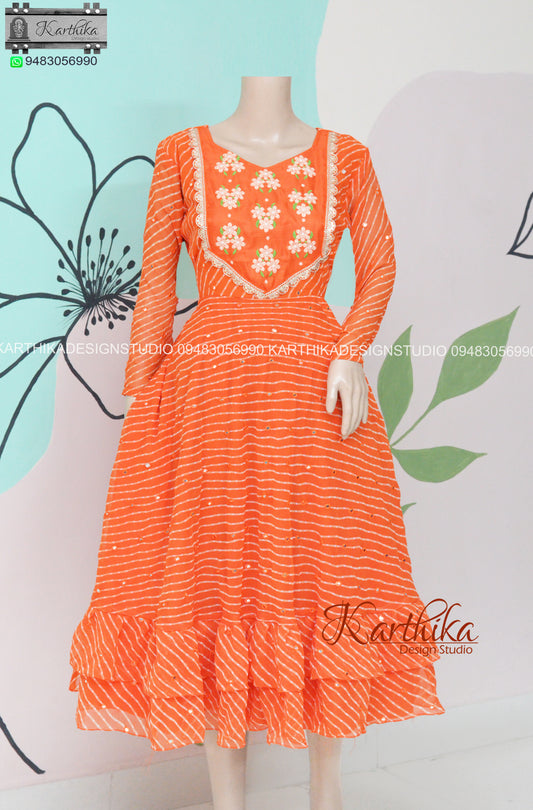 Orange bandhani embroidered georgette frock