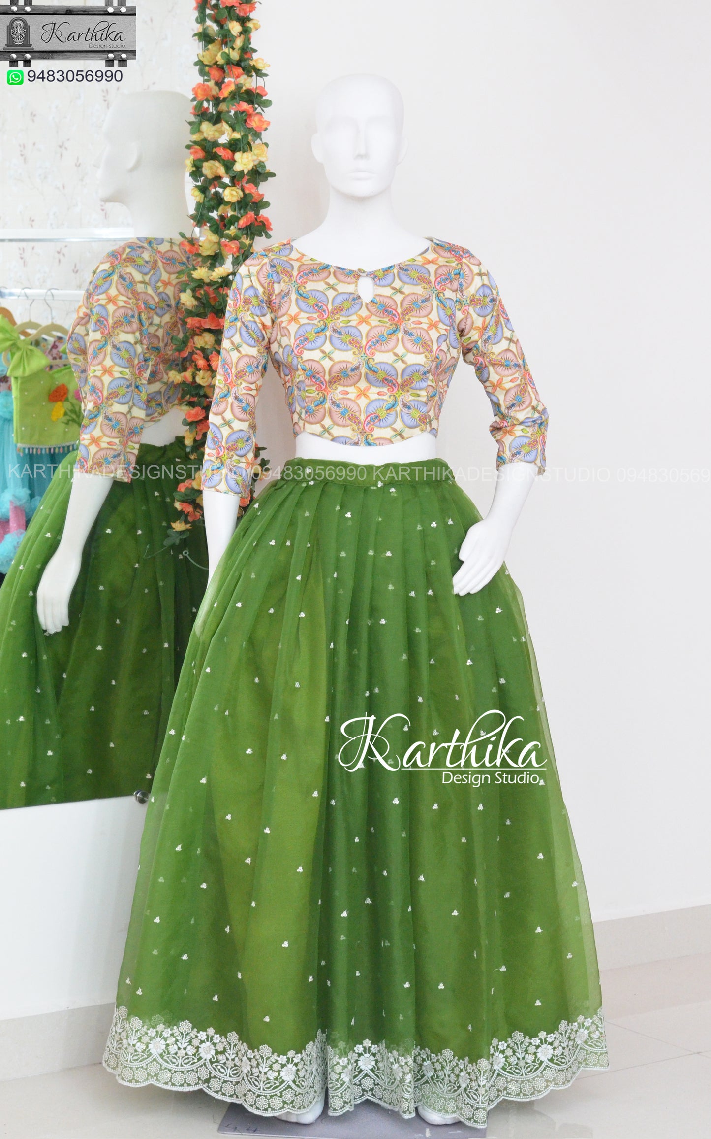 Embroidered organza and raw silk crop top lehenga