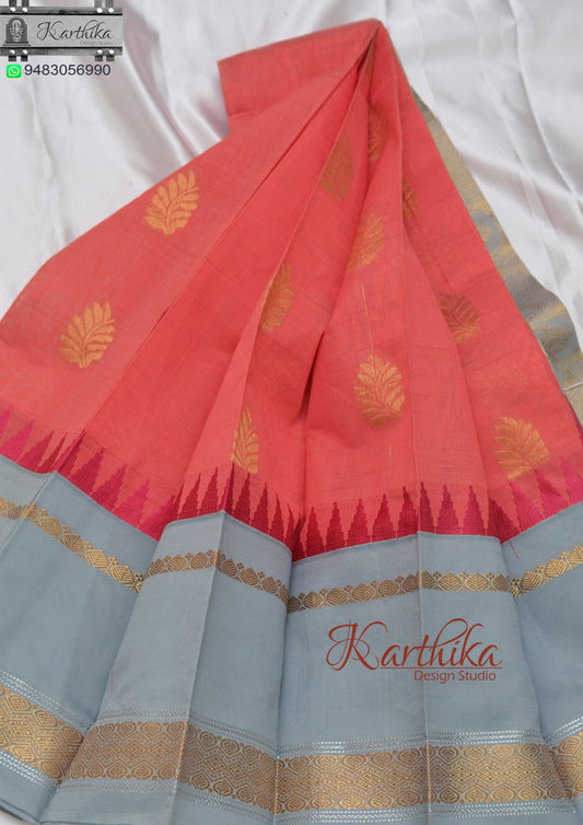 Kuppadam cotton saree with zari border-Peach