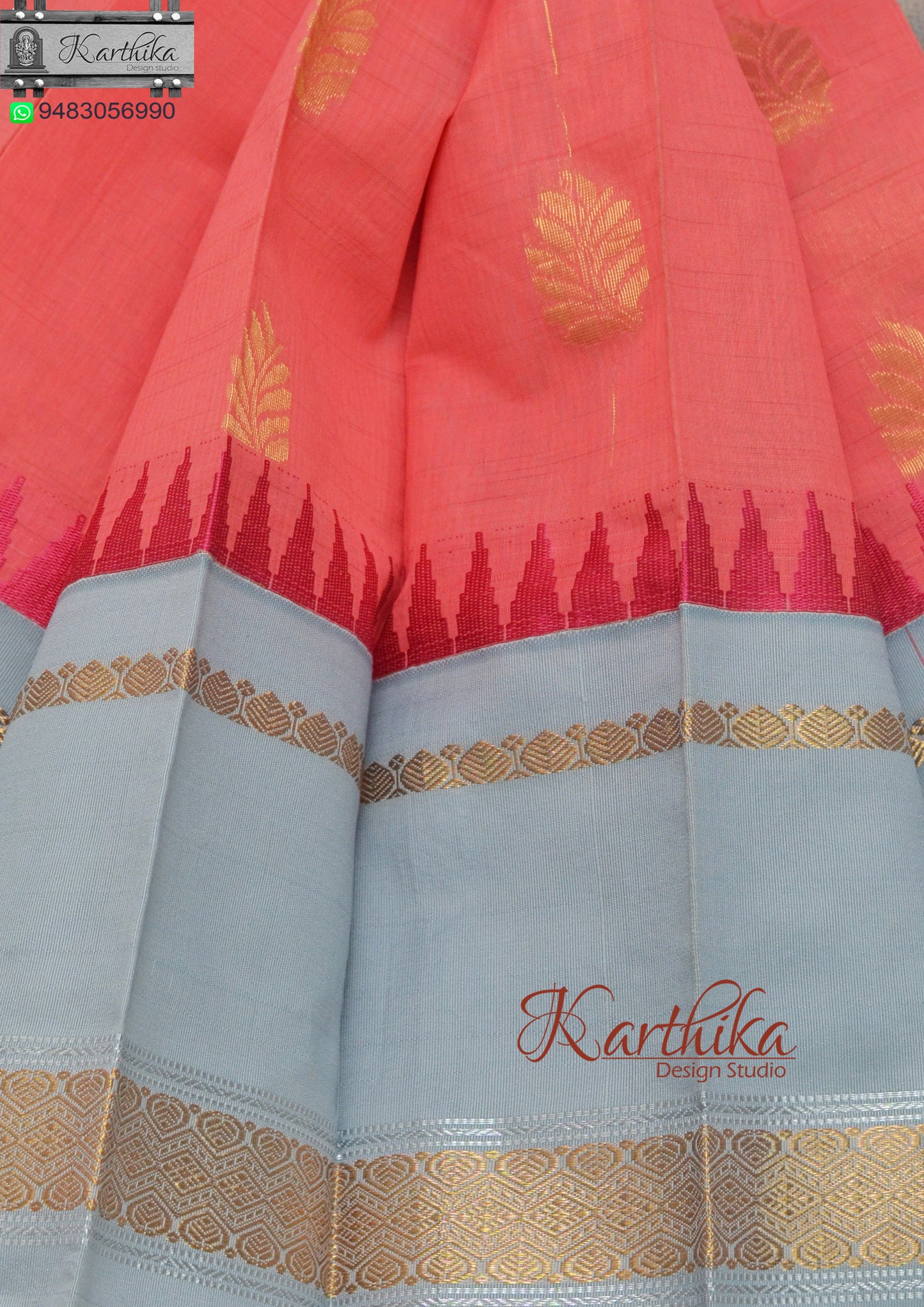 Kuppadam cotton saree with zari border-Peach