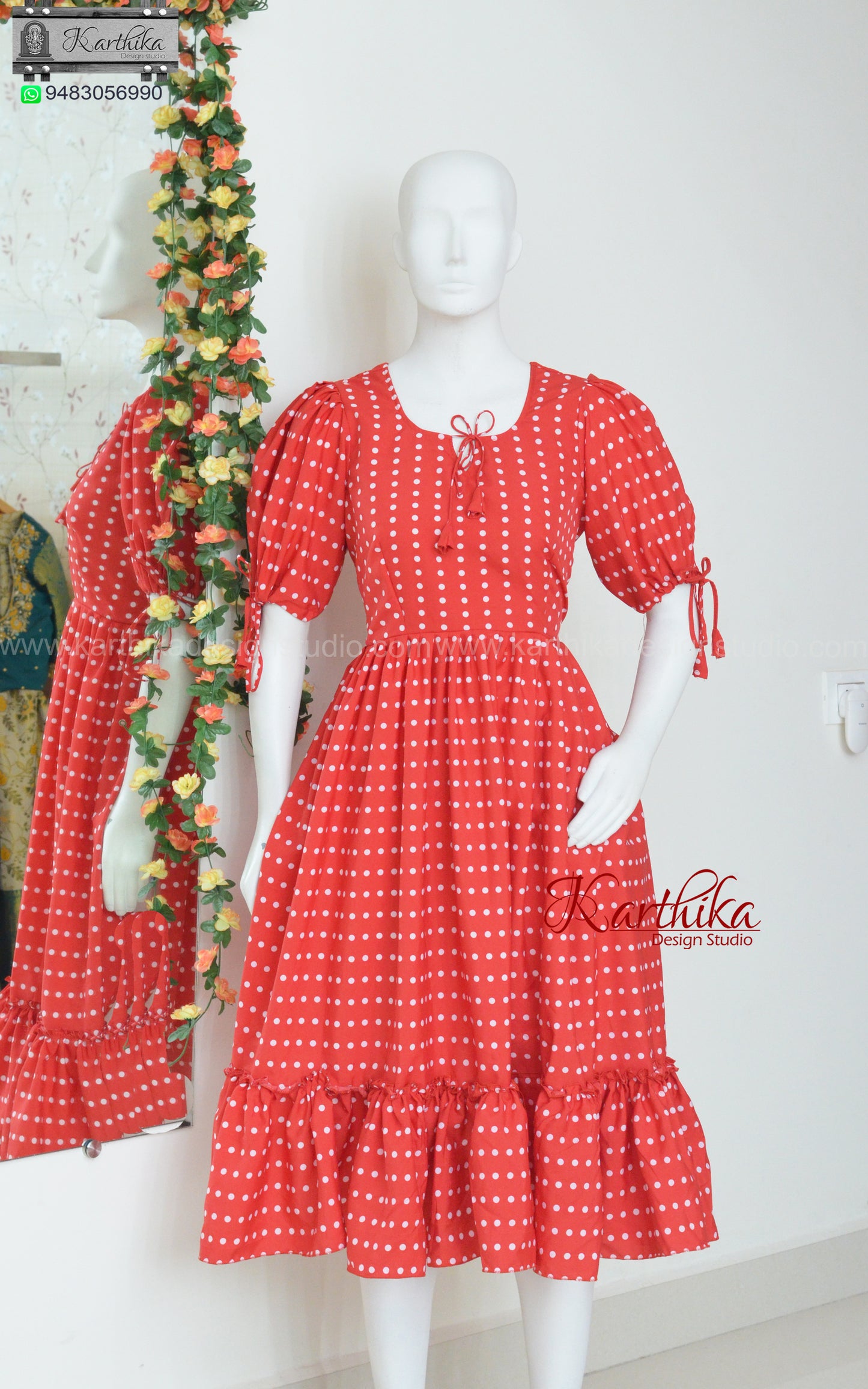 Red polka dots crepe frock