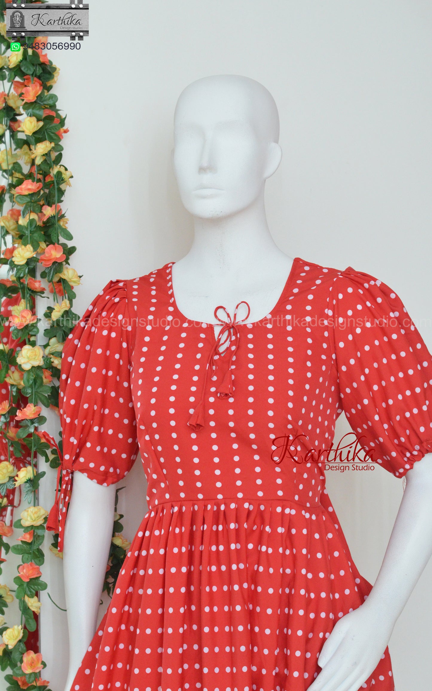 Red polka dots crepe frock