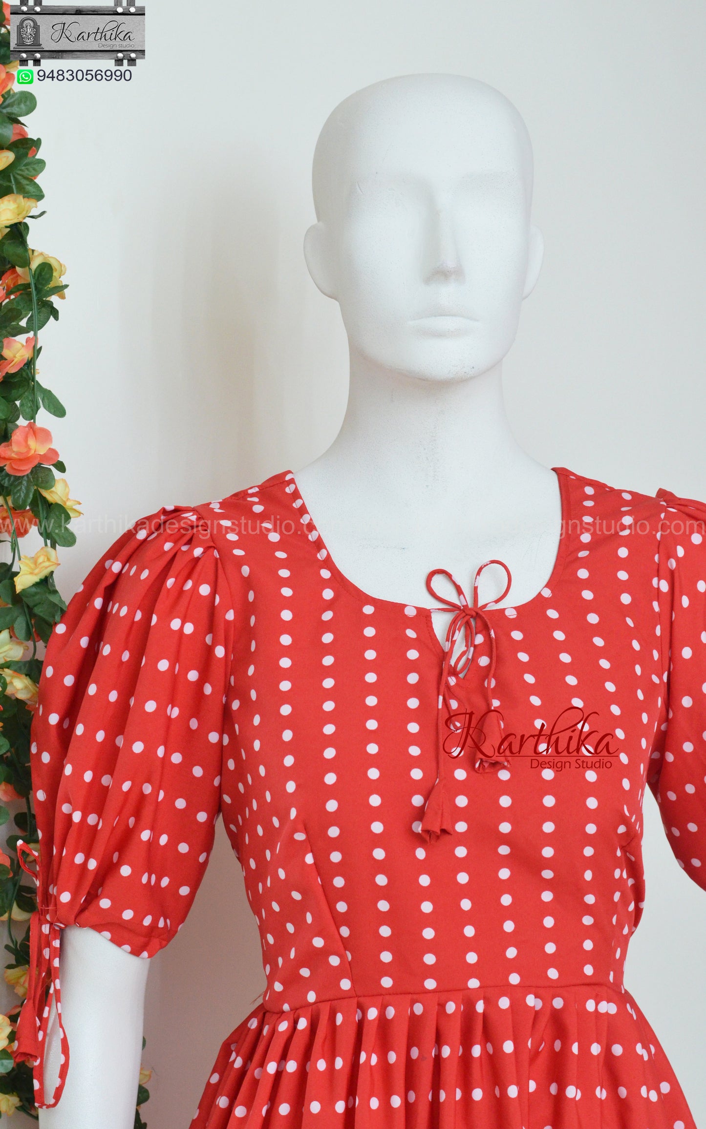 Red polka dots crepe frock