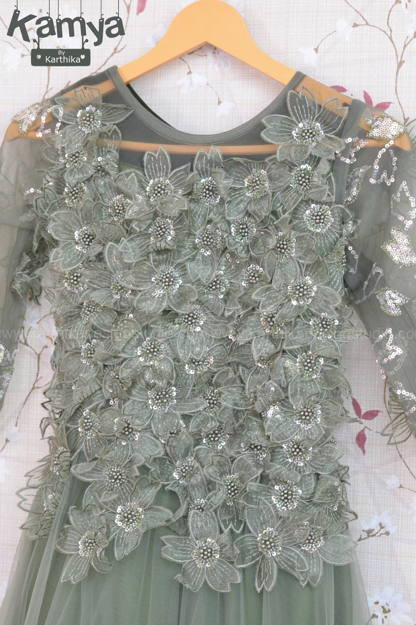 Premium Embroidered net Below long gown with applique work