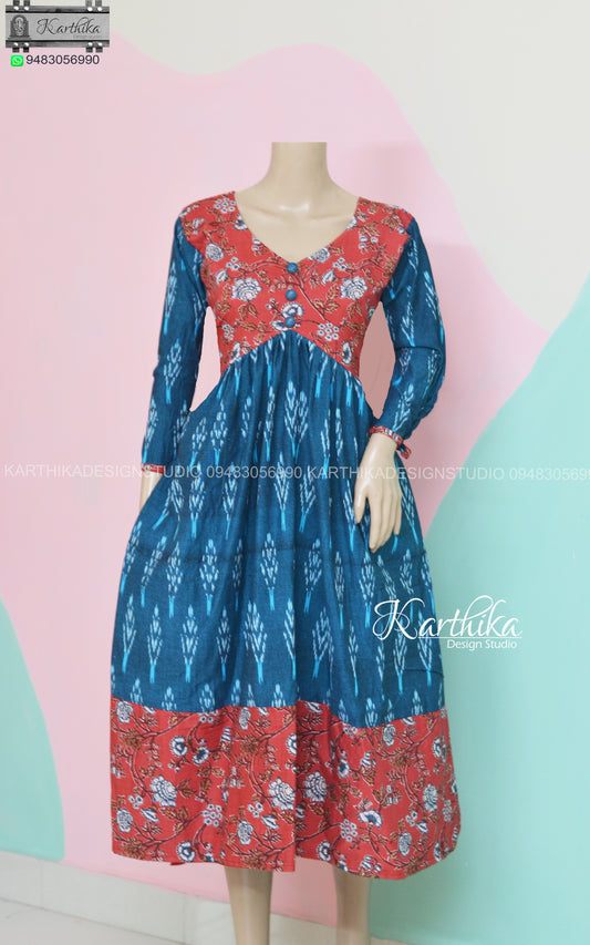 Printed cotton and ikkat cotton kurthi..