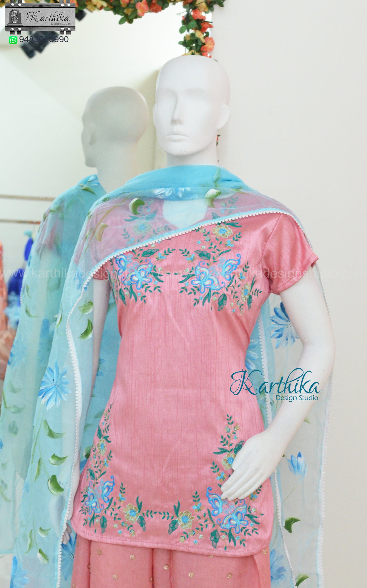 Raw silk short top with palazzo and organza dupatta