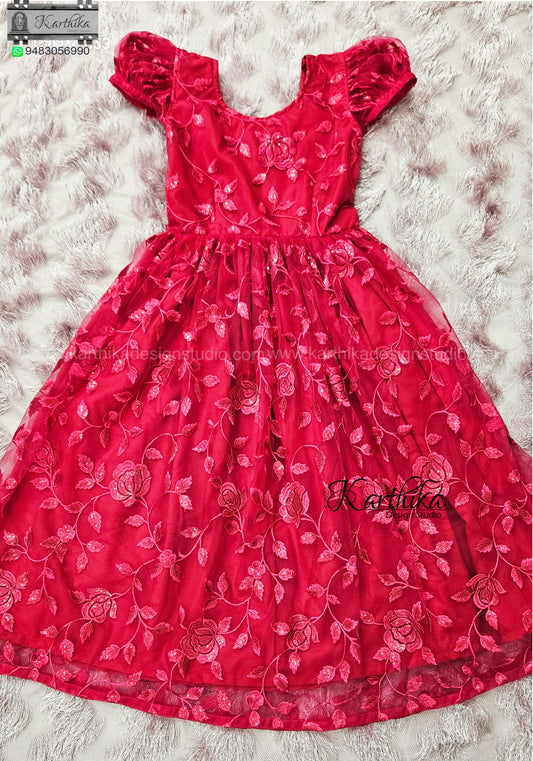 Red Roses Embroidered net birthday frock