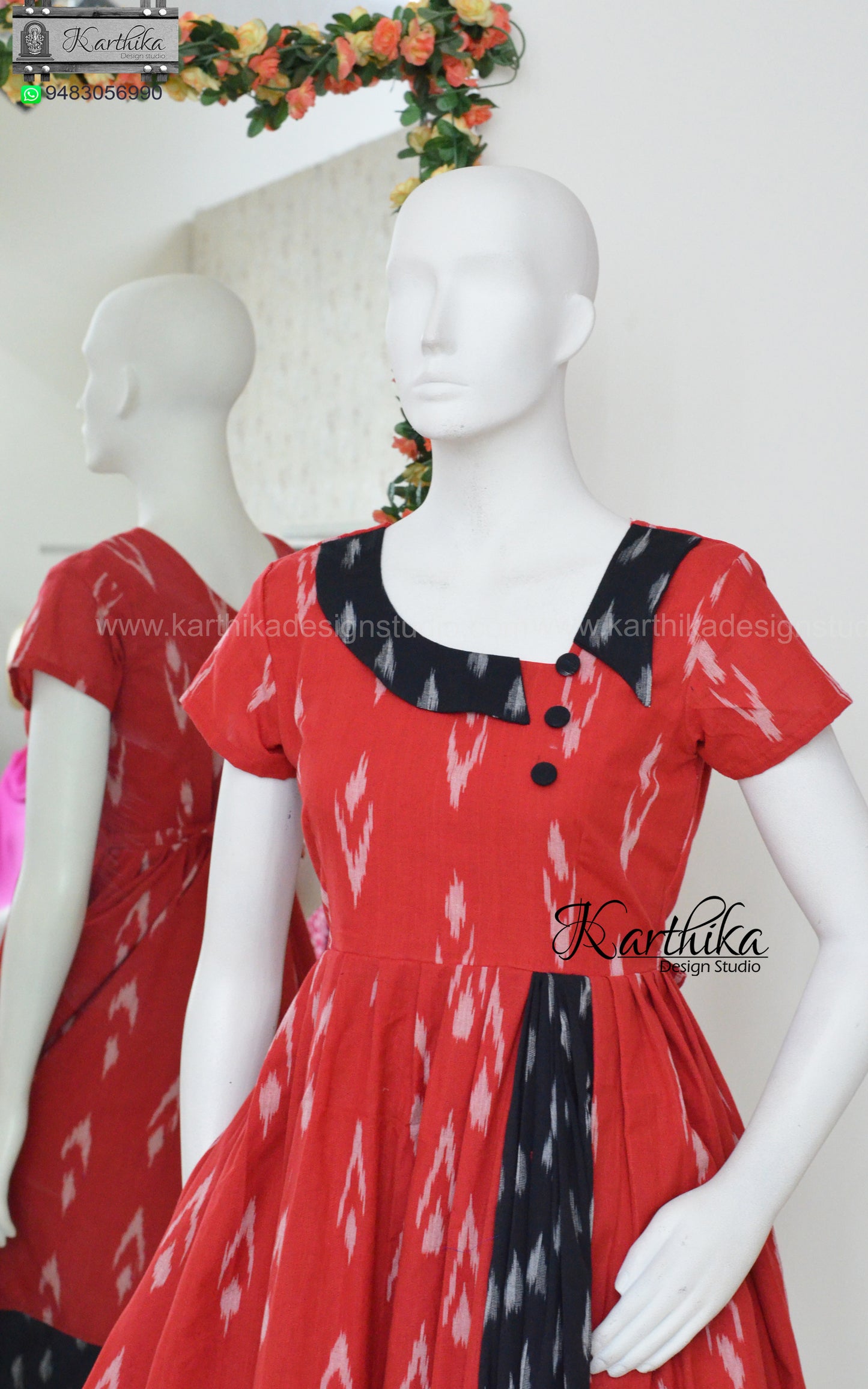 Red and black ikkat cotton frock