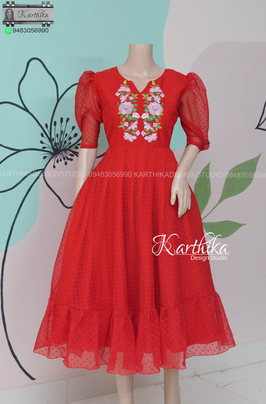 Red embroidered georgette frock