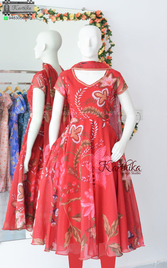 Red Floral georgette chudidhar