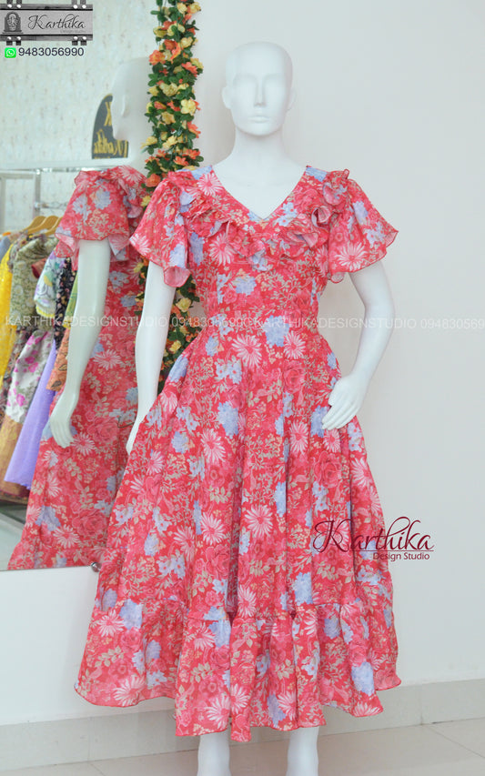 Red floral soft georgette frock