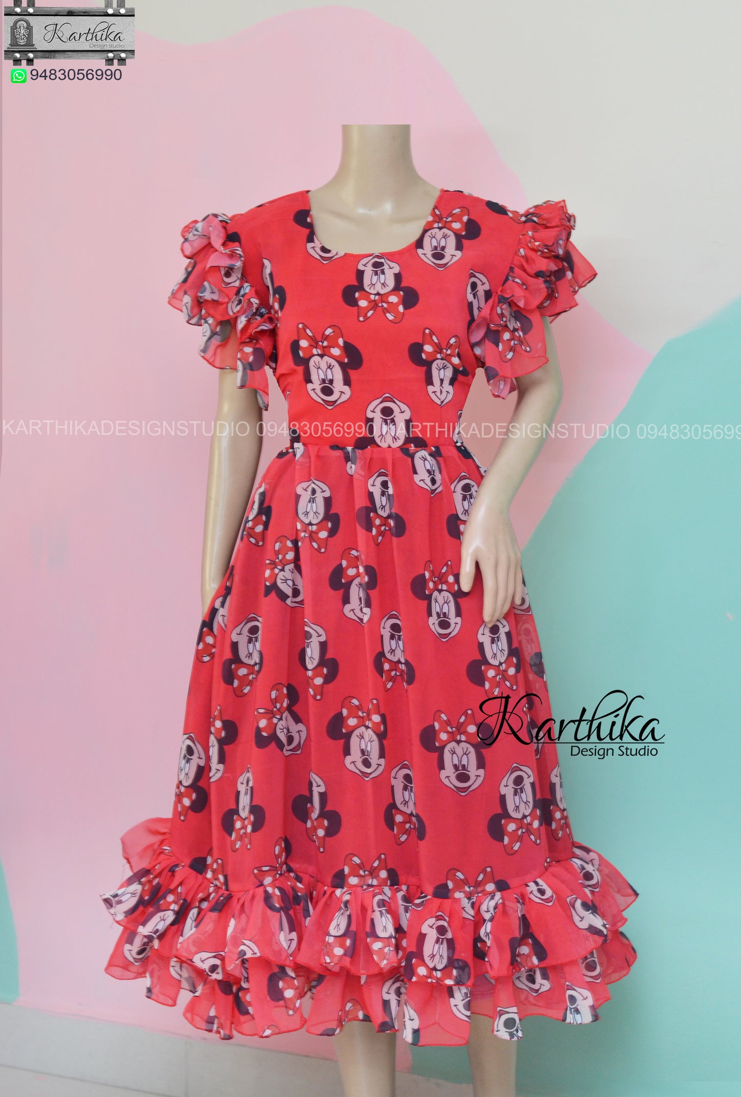 Mickey mouse print red georgette frock..