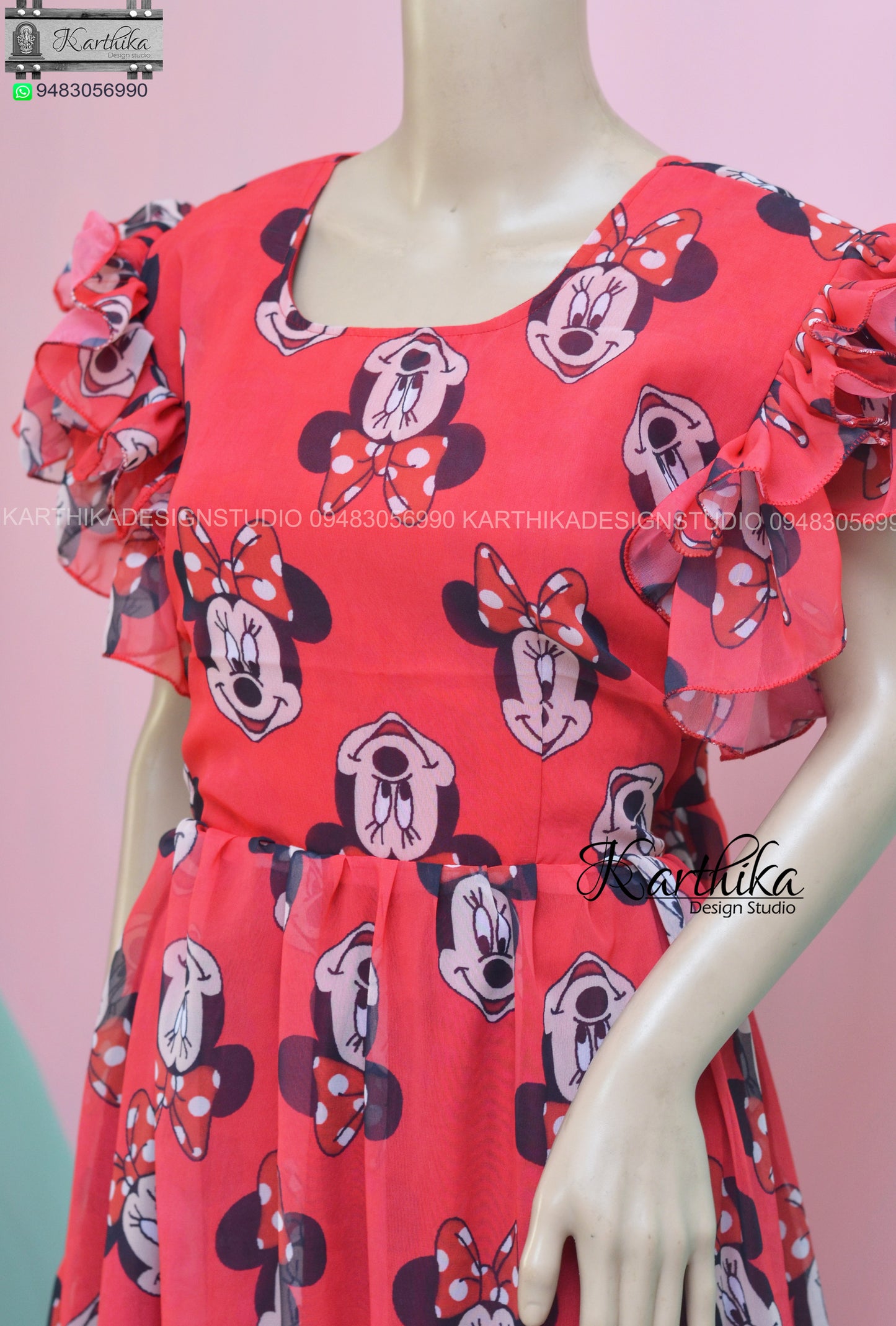 Mickey mouse print red georgette frock..