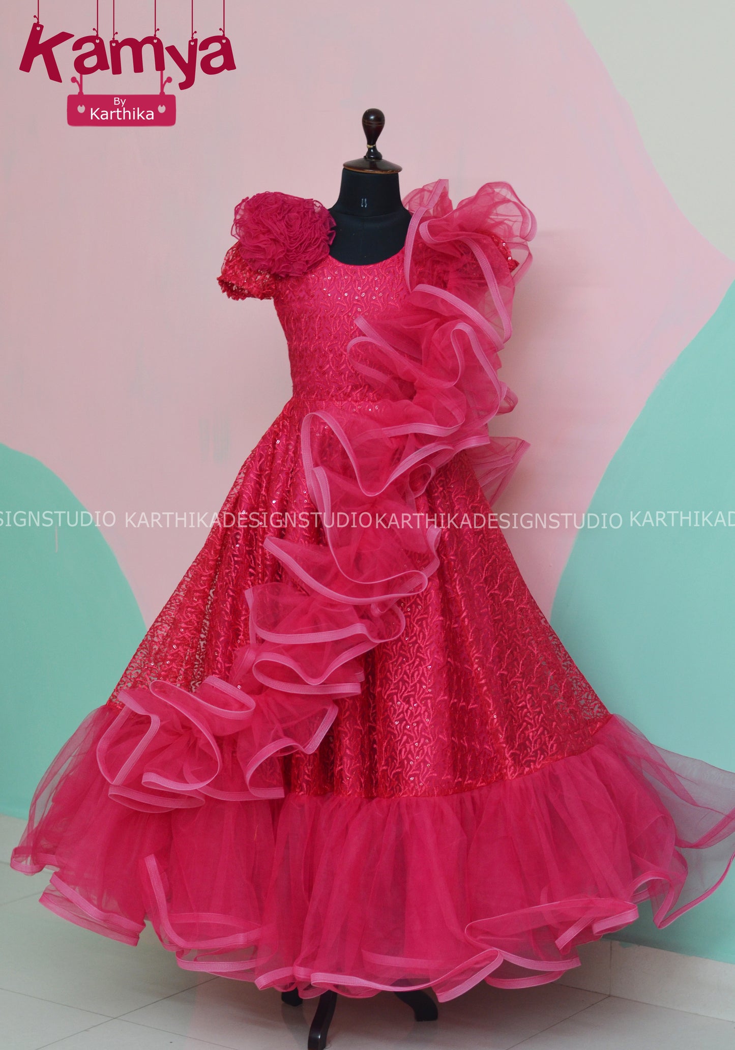 Rose red Embroidered net Birthday frock..