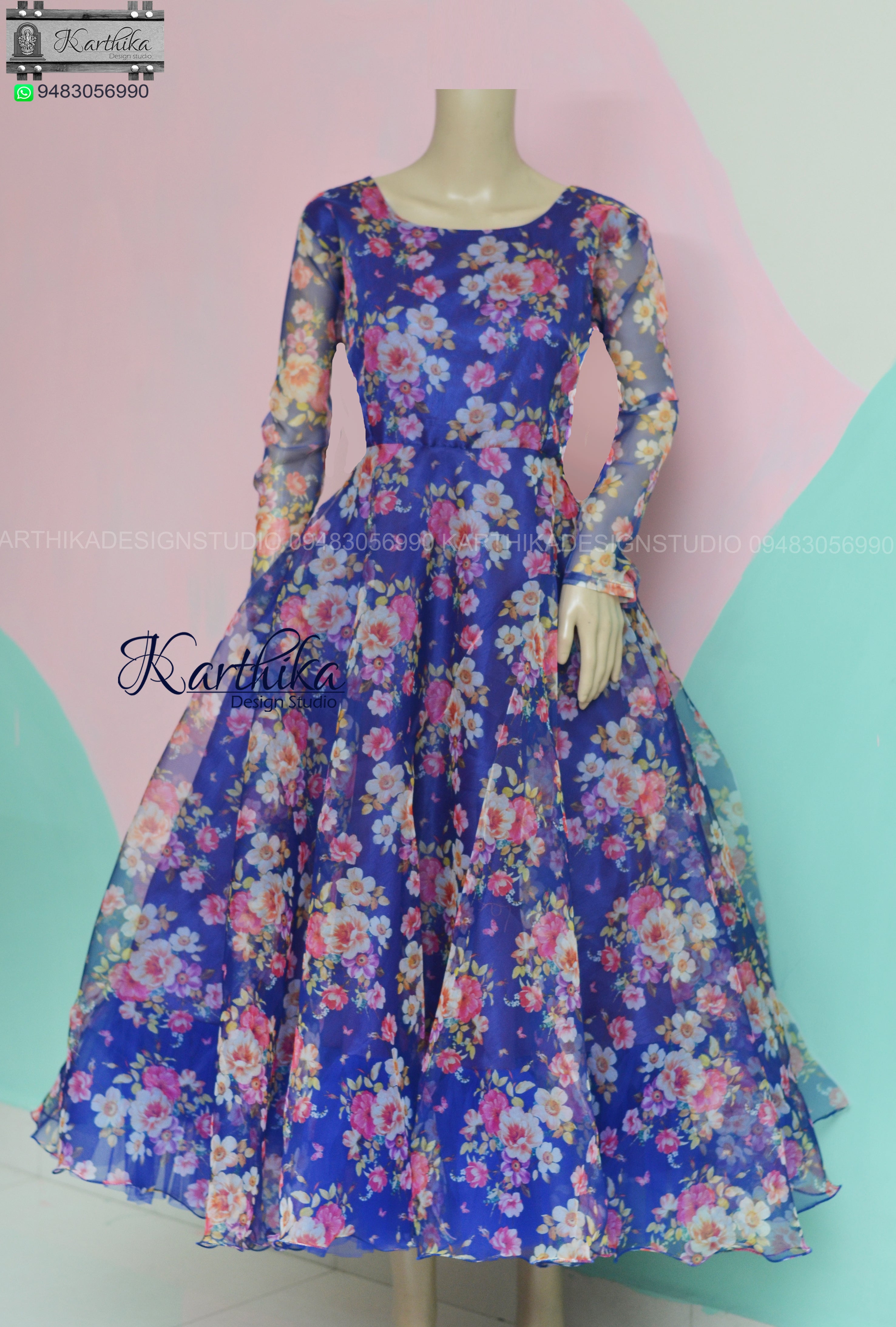 Royal blue floral organza frock – karthika design studio