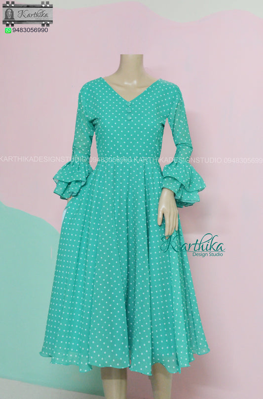 Seagreen polka dots georgette frock