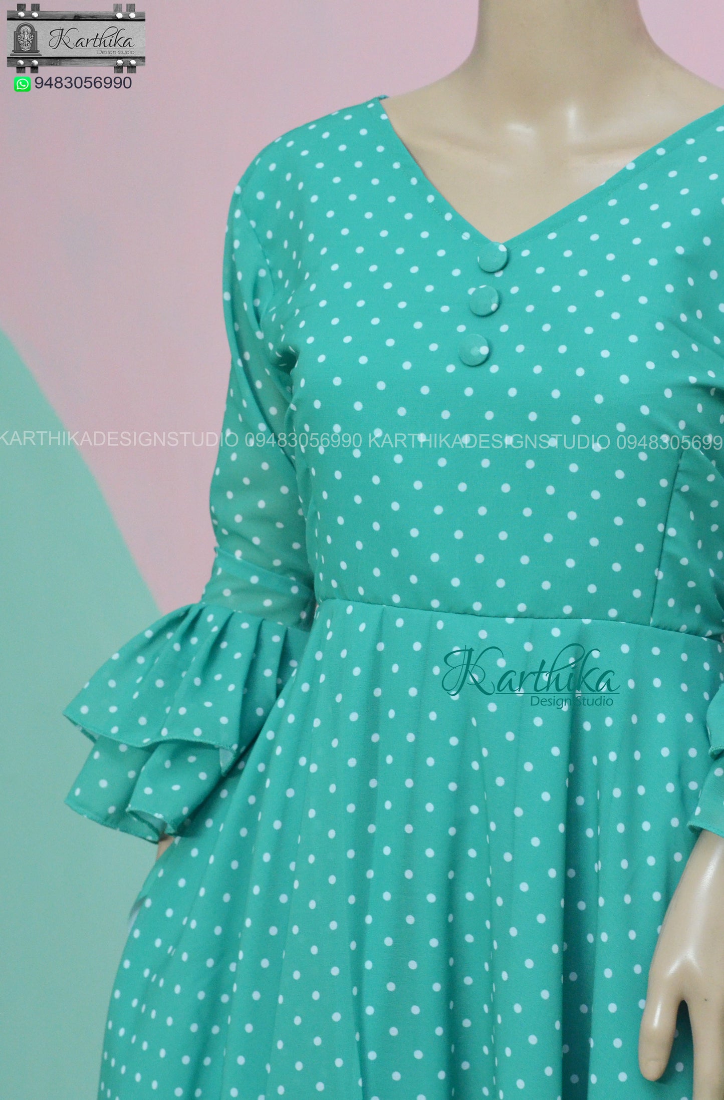 Seagreen polka dots georgette frock